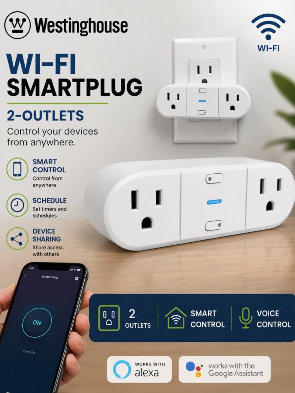 Westinghouse Wi-Fi Smart Sockets- 2-Outlet